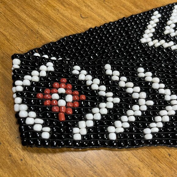 Vintage Hand Beaded Black White Elastic Stretch Belt Wood Detail Boho 31"-33" - Picture 6 of 8